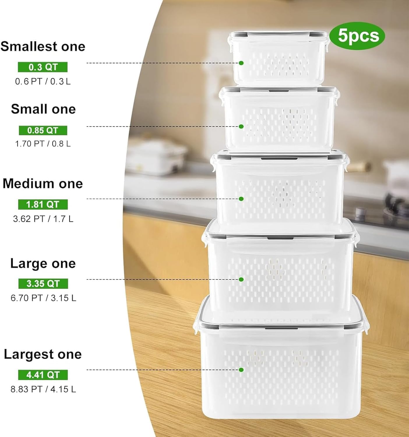 5 PCS Large Fruit Containers for Fridge - Leakproof Food Storage Containers with Removable Colander