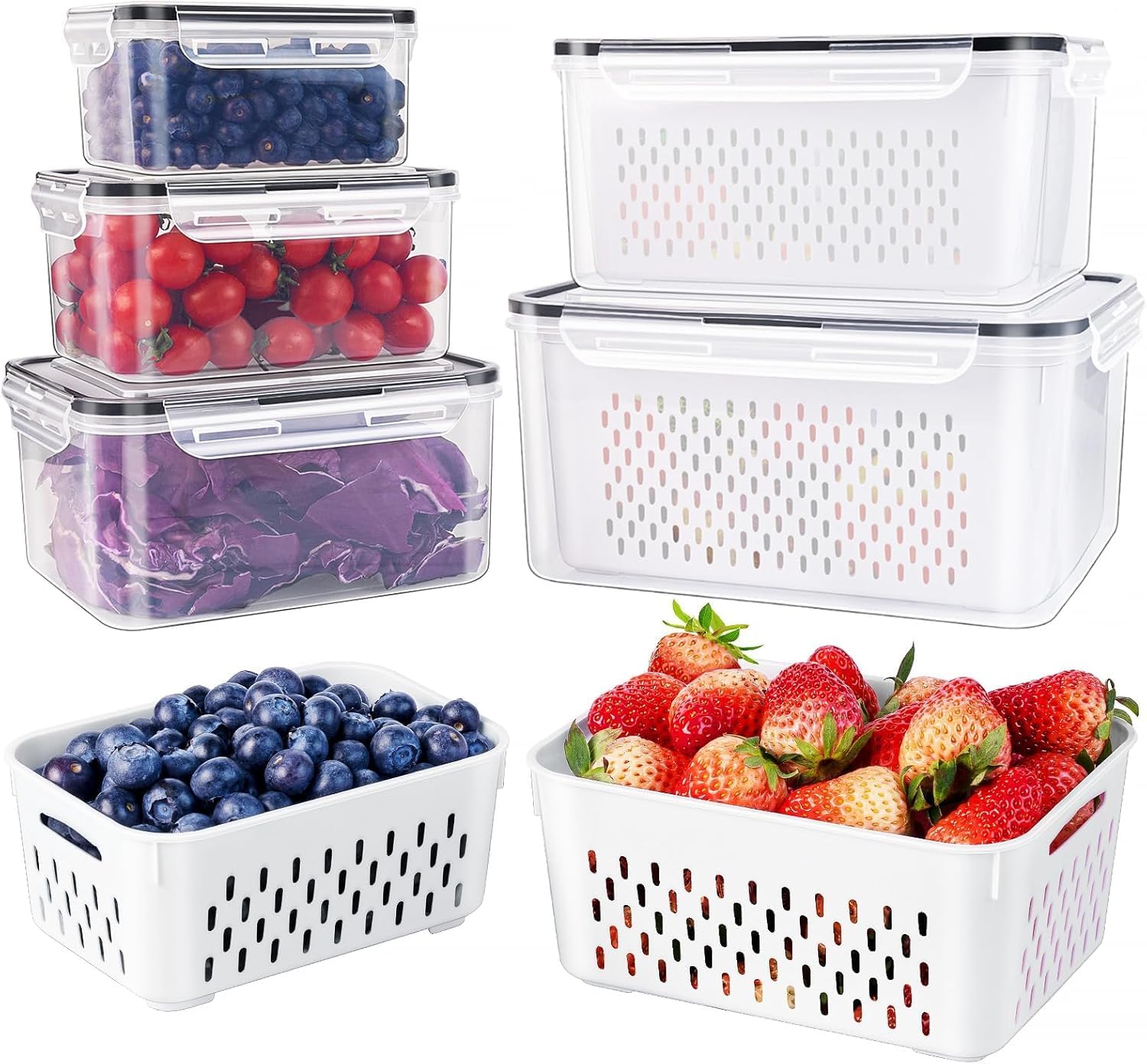 5 PCS Large Fruit Containers for Fridge - Leakproof Food Storage Containers with Removable Colander